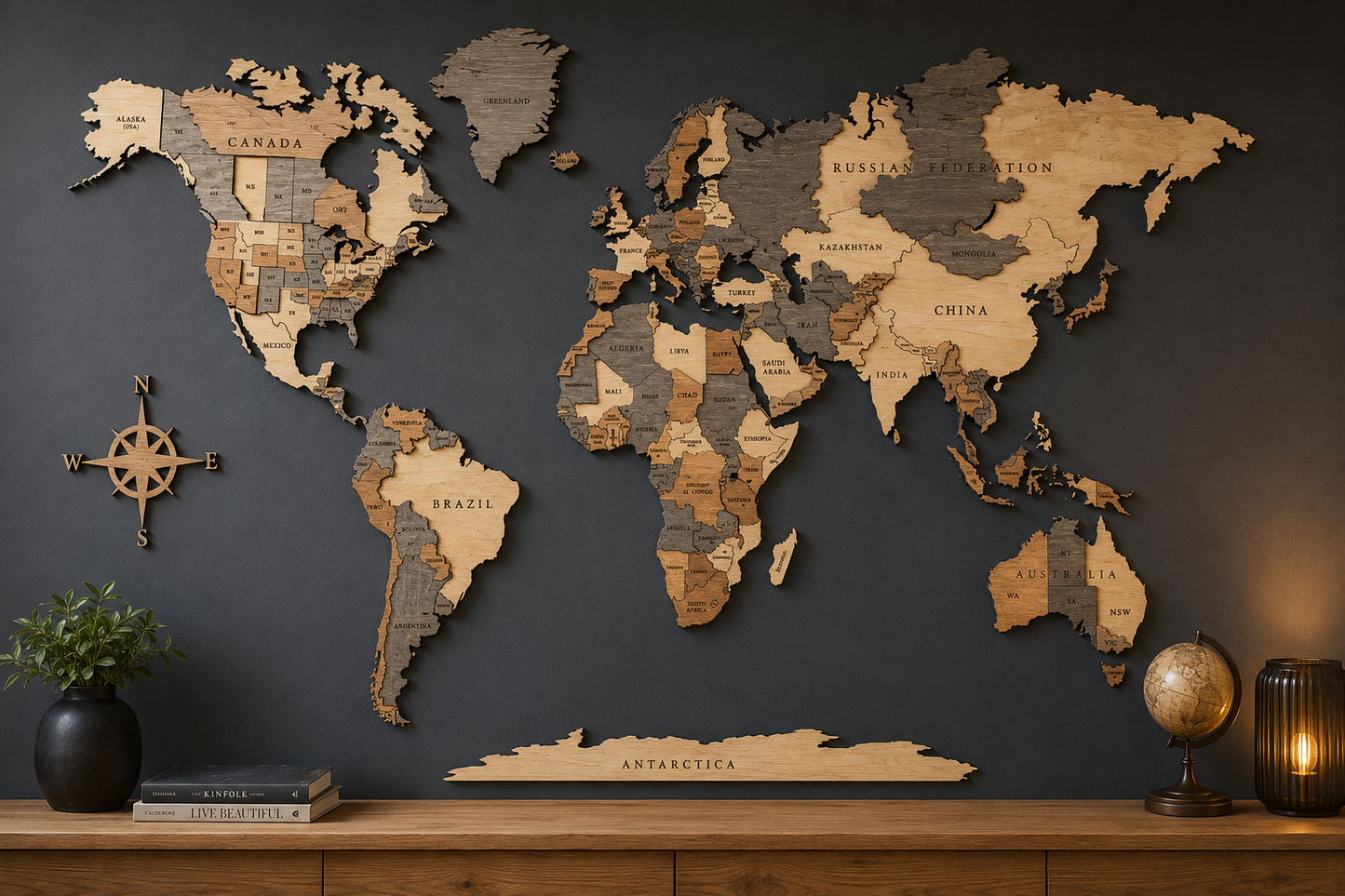 3D houten wereldkaart wanddecoratie