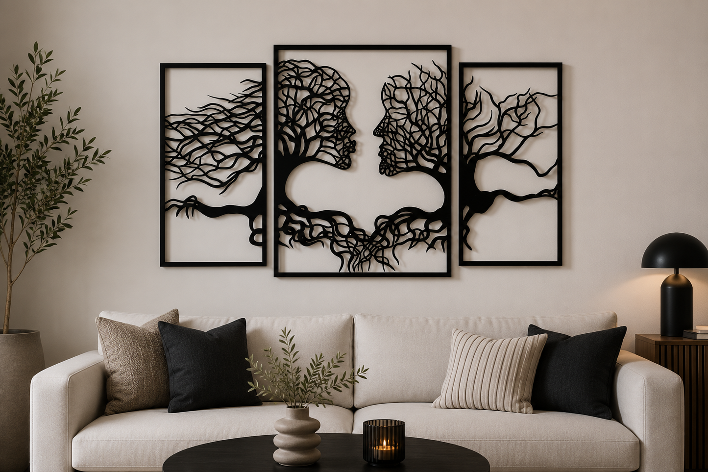 Koppel wanddecoratie – boom met silhouetten, 110 × 70 cm