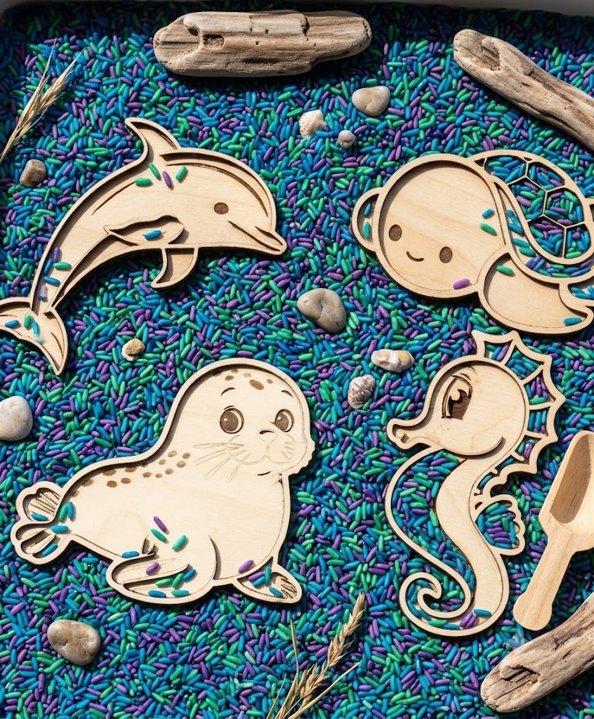 Houten vulvormen en stempels – zeedieren set van 4