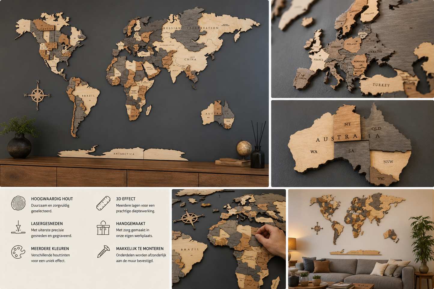 3D houten wereldkaart wanddecoratie