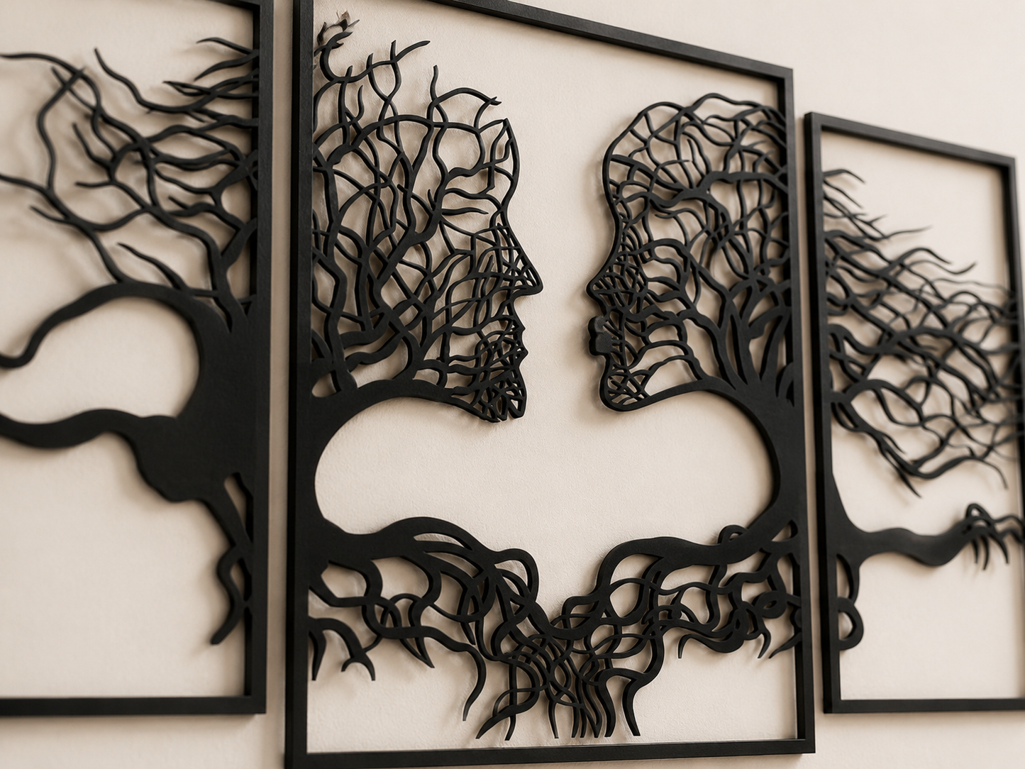 Koppel wanddecoratie – boom met silhouetten, 110 × 70 cm